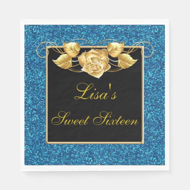 Elegant Chic Blue Glitter Gold Rose Sweet 16 Napkin (Front)