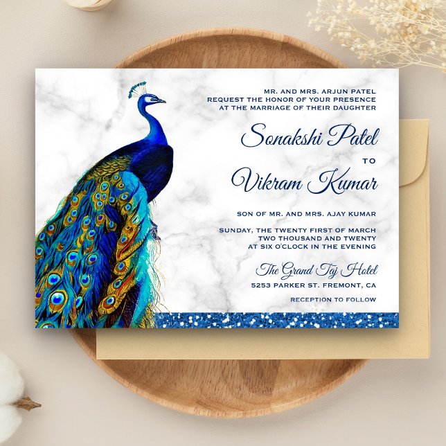 Elegant Chic Blue Glitter Peacock Indian Wedding Invitation (Creator Uploaded)