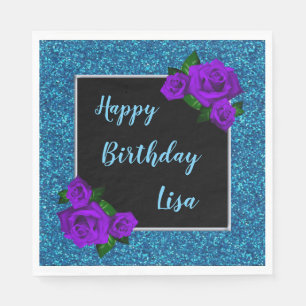 Elegant Chic Blue Glitter Purple Roses Birthday Napkin