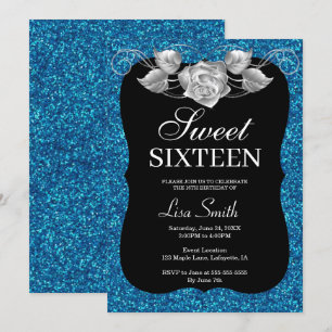 Elegant Chic Blue Glitter Silver Rose Sweet 16 Invitation