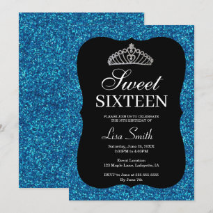 Elegant Chic Blue Glitter Tiara Sweet 16 Invitation