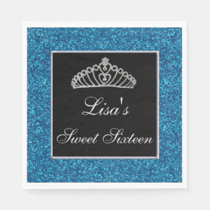 Elegant Chic Blue Glitter Tiara Sweet 16 Napkin