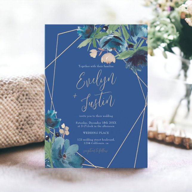 Elegant chic blue gold Floral Watercolor Wedding Invitation (Elegant chic blue gold Floral Watercolor Wedding Invitation)