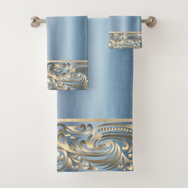 Elegant Chic Blue Metallic Gold Swirls  Bath Towel Set (Insitu)