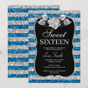 Elegant Chic Blue Silver Glitter Rose Sweet 16 Invitation