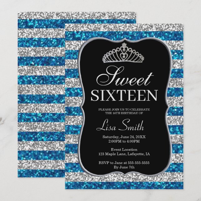 Elegant Chic Blue Silver Glitter Tiara Sweet 16 Invitation (Front/Back)