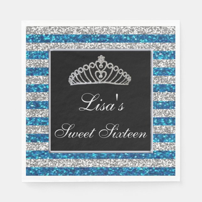 Elegant Chic Blue Silver Glitter Tiara Sweet 16 Napkin (Front)