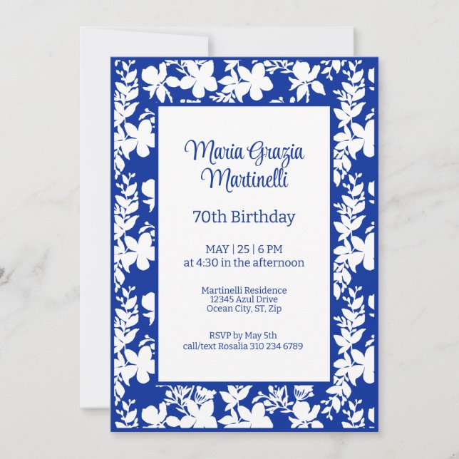Elegant Chic Blue | White Floral Pattern Birthday  Invitation (Front)