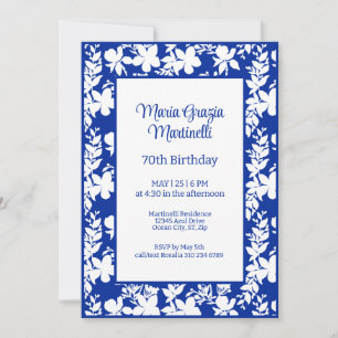 Elegant Chic Blue White Floral Pattern Birthday Invitation