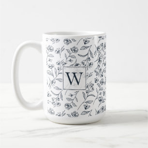 Elegant Chic Blue & White flower Foliage Monogram Coffee Mug