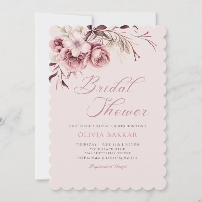 Elegant Chic Blush Pink Boho Floral Bridal Shower  Invitation (Front)