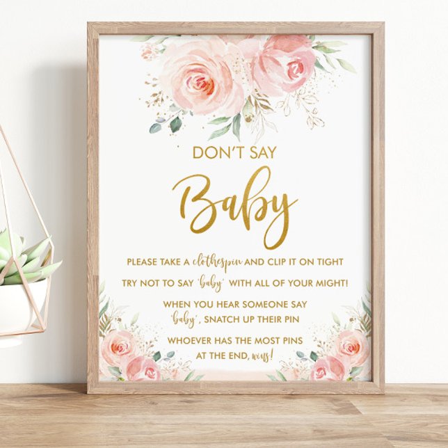 Elegant Chic Blush Pink Floral Don't Say Baby Game Poster (elegant sweet blush pink floral don't say baby game tabletop sign poster printed instant download
)