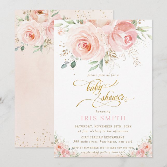 Elegant Chic Blush Pink Floral Gold Baby Shower Invitation (Front/Back)