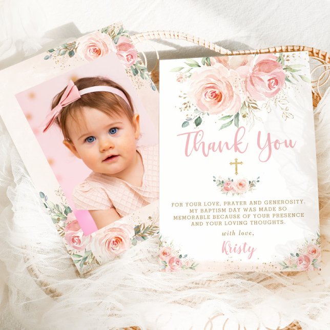Elegant Chic Blush Pink Floral Gold Baptism Photo Thank You Card (Creator Uploaded)