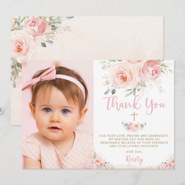 Elegant Chic Blush Pink Floral Gold Baptism Photo Thank You Card (Front/Back)
