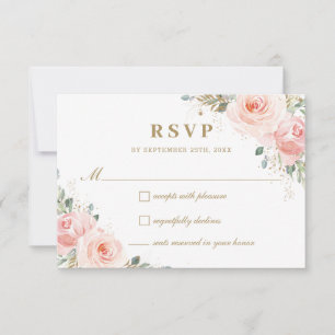 Elegant Chic Blush Pink Roses Floral Gold Wedding RSVP Card