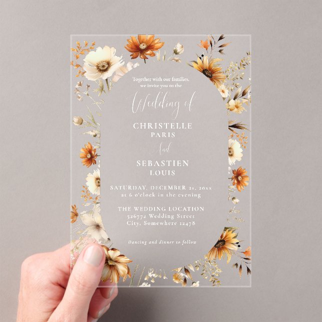 Elegant & Chic Boho Fall Wildflower  Wedding  Acrylic Invitations (Insitu (Handheld))