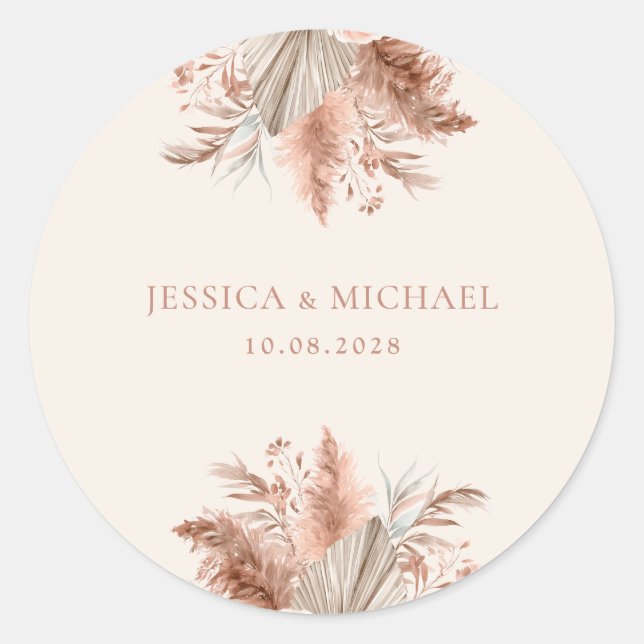 Elegant Chic Boho Pampas Floral Wedding Classic Round Sticker (Front)