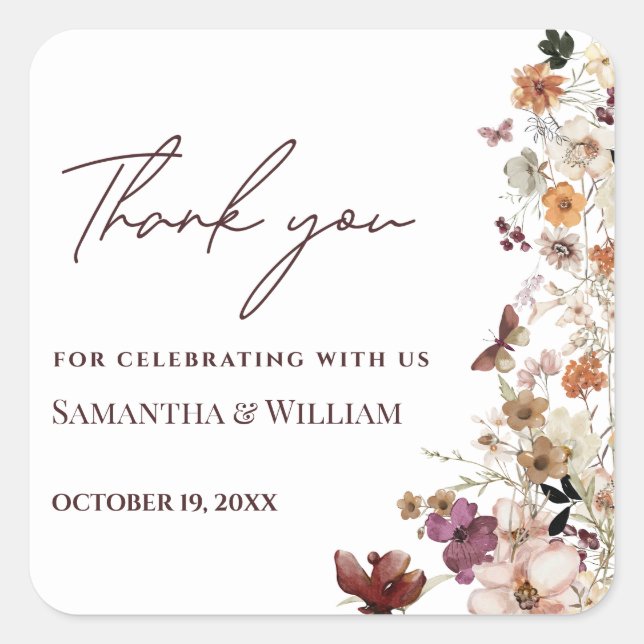 Elegant Chic Boho Pastel Wildflower Theme Wedding Square Sticker (Front)