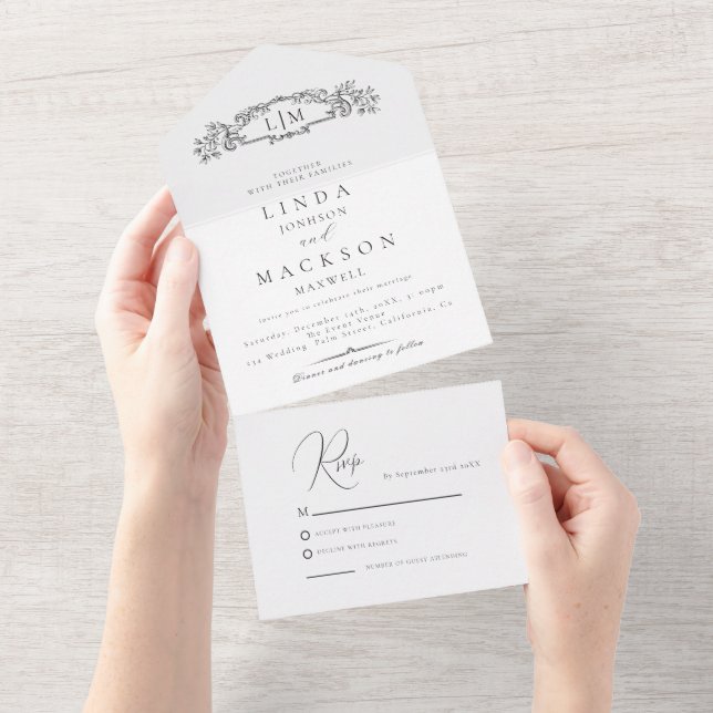 Elegant & Chic botanical crest monogram wedding All In One Invitation (Tearaway)