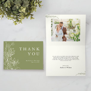 Elegant Chic Botanical Moss Green Photo Wedding Thank You Card