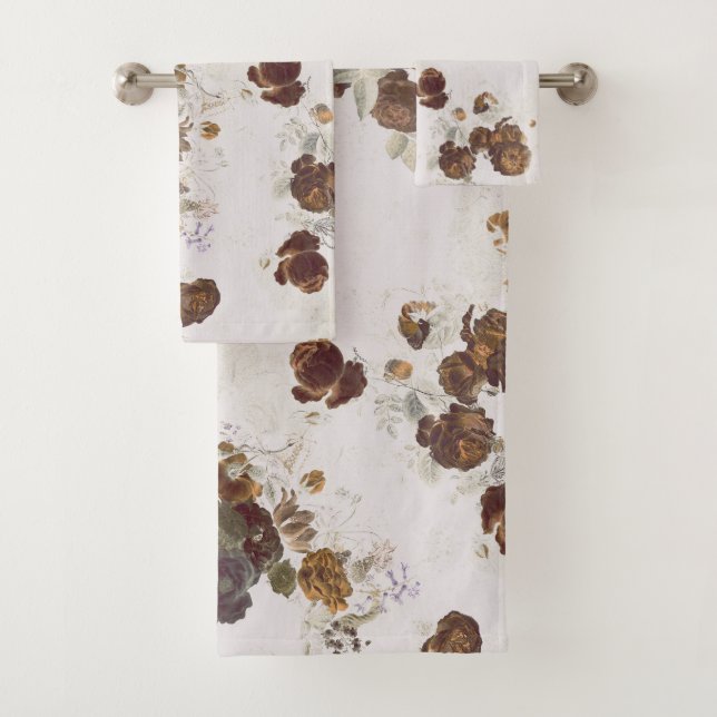 Elegant Chic Brown Beige Roses Floral Toile Bath Towel Set (Insitu)