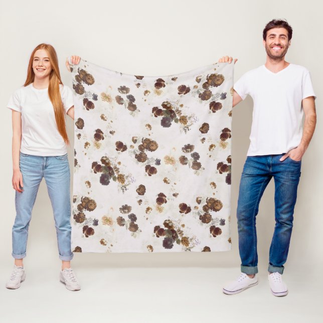 Elegant Chic Brown Beige Roses Floral Toile  Fleece Blanket (In Situ)