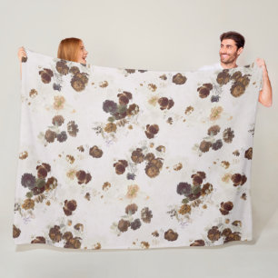 Elegant Chic Brown Beige Roses Floral Toile Fleece Blanket
