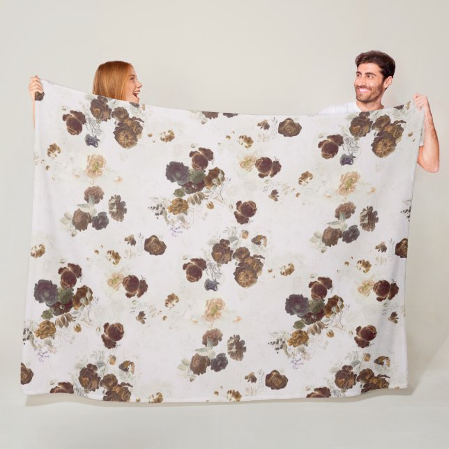 Elegant Chic Brown Beige Roses Floral Toile Fleece Blanket (In Situ)