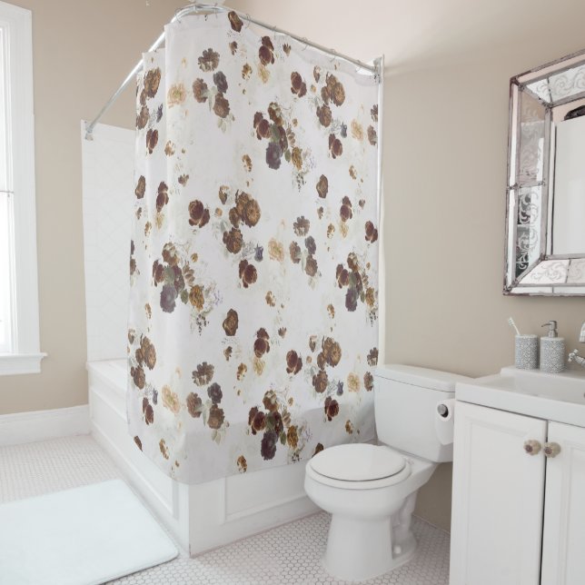 Elegant Chic Brown Beige Roses Floral Toile Shower Curtain (In Situ)