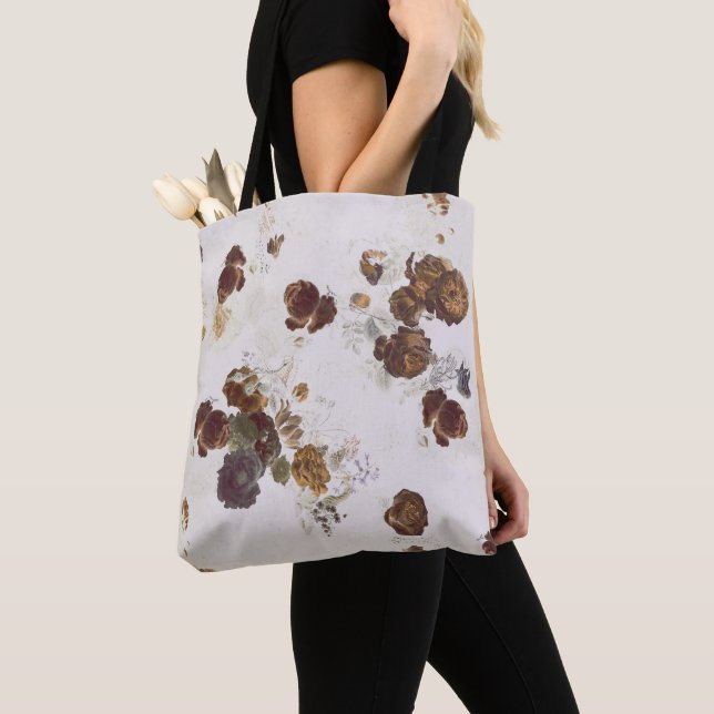 Elegant Chic Brown Beige Roses Floral Toile  Tote Bag (Close Up)