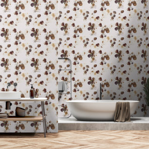 Elegant Chic Brown Beige Roses Floral Toile Wallpaper