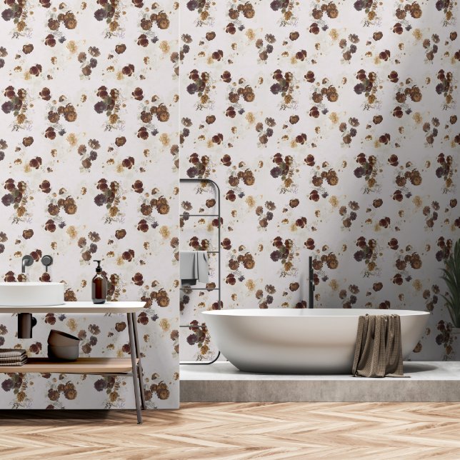 Elegant Chic Brown Beige Roses Floral Toile Wallpaper (Bathroom)