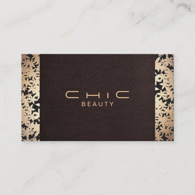 Elegant Chic Brown Linen and Gold Leaf Look 2 Business Card (Front)