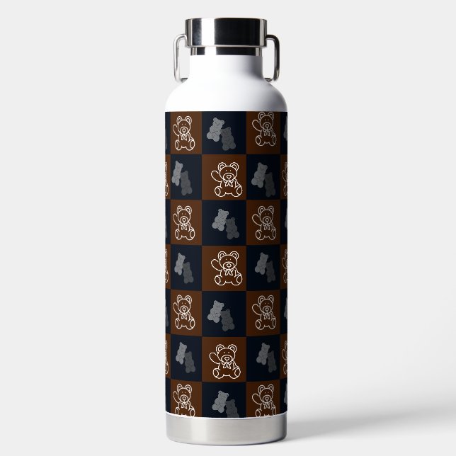 Elegant Chic Brown Plaid & Bear  Water Bottle (Front)