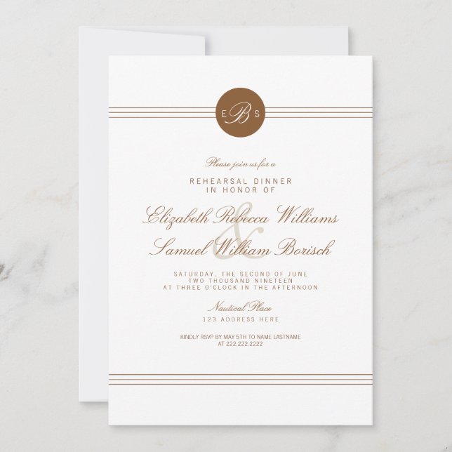Elegant Chic Brown White Monogram Rehearsal Invite (Front)