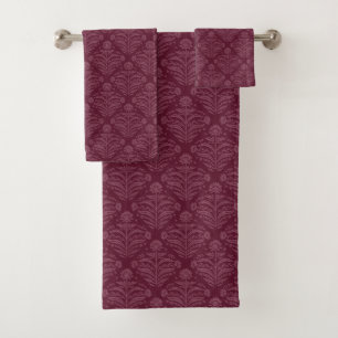 Elegant Chic Burgundy Floral Damask Bath Towel Set