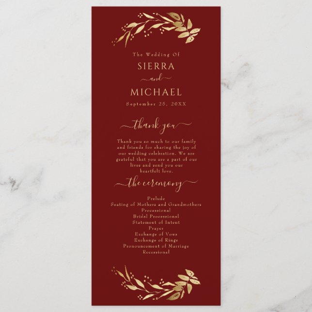 Elegant Chic Burgundy Gold Foliage Wedding Programme (Front)