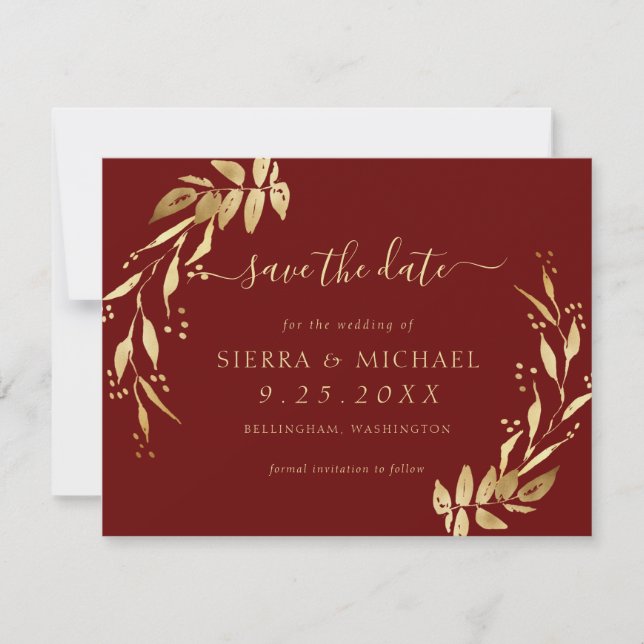 Elegant Chic Burgundy Golden Foliage Save the Date Invitation (Front)