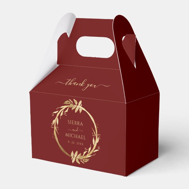Elegant Chic Burgundy Golden Foliage Wedding Favour Box (Front Side)