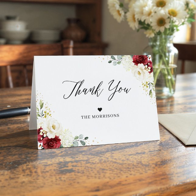 Elegant Chic Burgundy Red White Floral Wedding Thank You Card (Creator Uploaded)