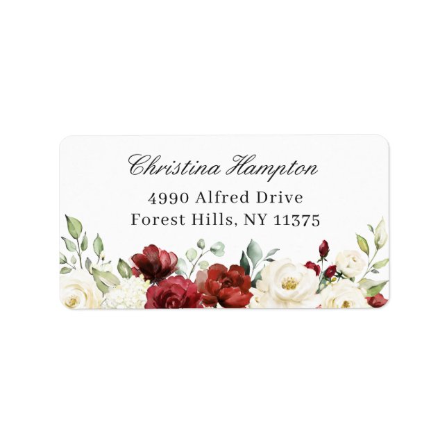 Elegant Chic Burgundy Red White Ivory Floral Label (Front)