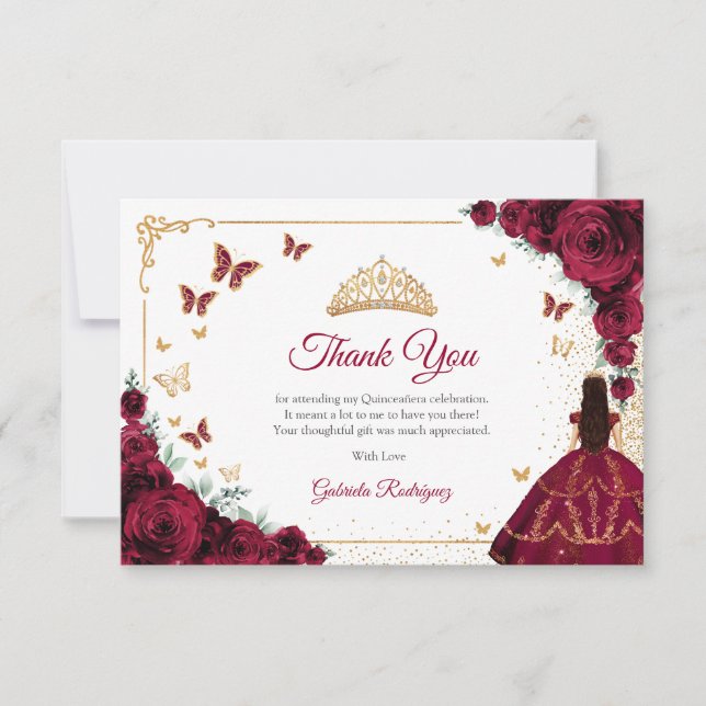 Elegant Chic Burgundy Roses Gold Quinceanera Thank You Card (Front)