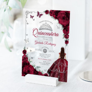 Elegant Chic Burgundy Roses Silver Quinceanera Acrylic Invitations