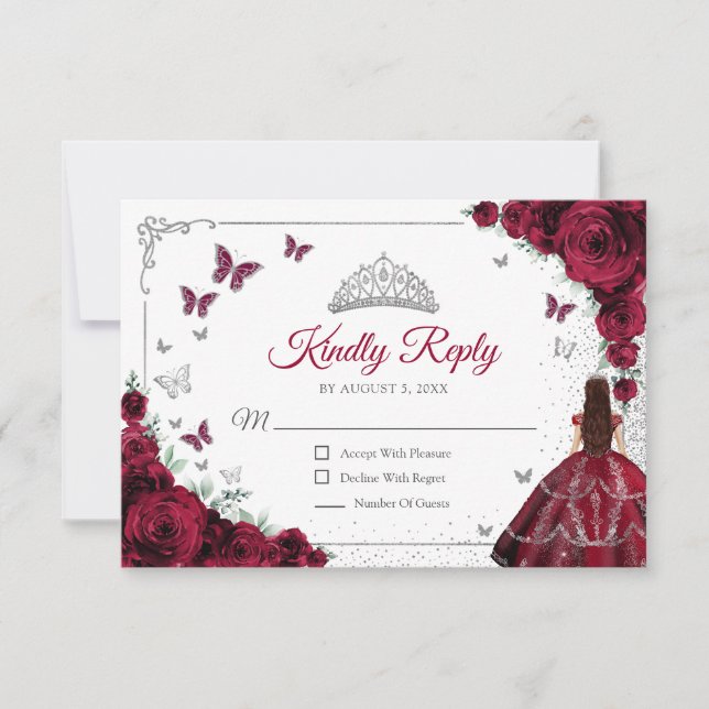 Elegant Chic Burgundy Silver Quinceanera Reply RSVP Card (Front)