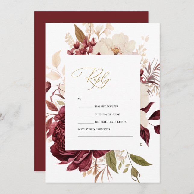 Elegant Chic Burgundy White Flowers RSVP   Invitation (Front/Back)