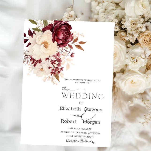 Elegant Chic Burgundy White Flowers Wedding  Invitation (Creator Uploaded)