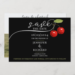 Elegant Chic Cherries Red Black Photo Calligraphy Save The Date