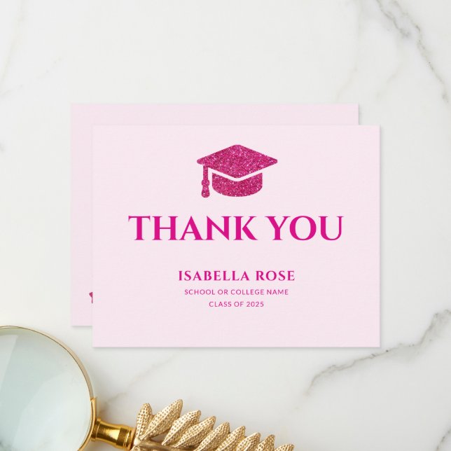 Elegant Chic Class of 2025 Hot pink Graduation  Thank You Card (Front/Back In Situ)