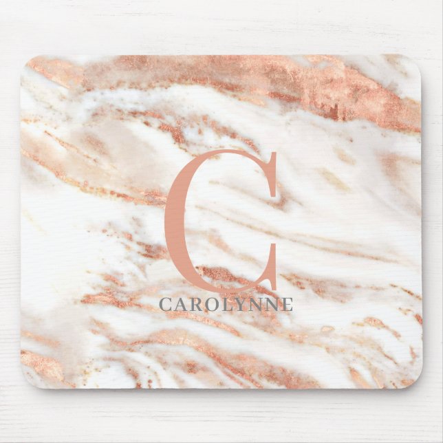 Elegant Chic Copper Rose Gold Marble Monogram Mouse Mat (Front)